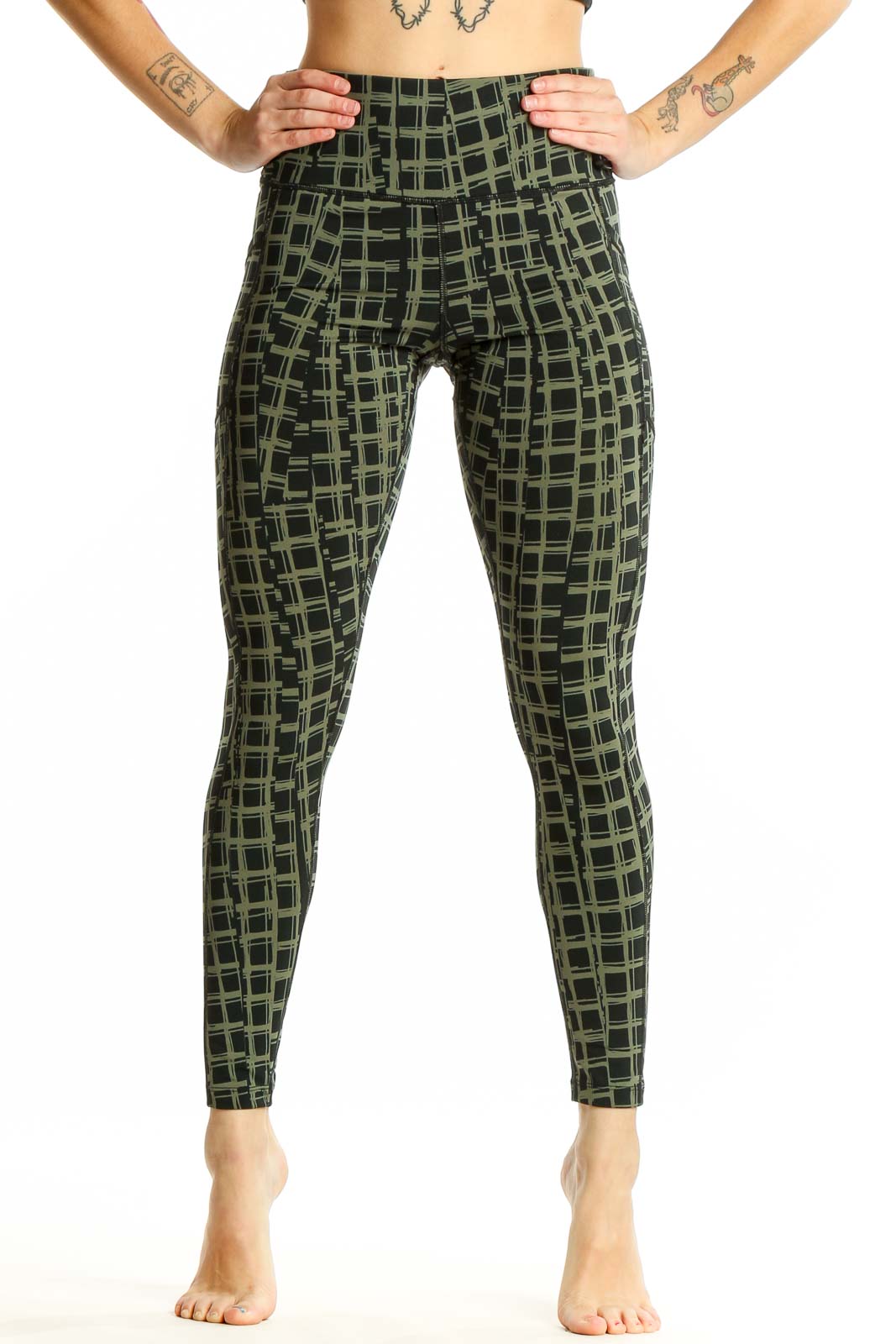 Olive Green Geometric Print Activewear Leggings Front