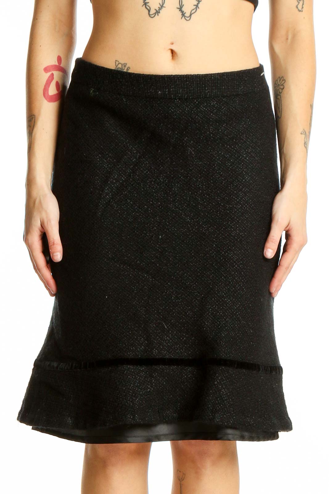 Black Wool Blend Flared Skirt Front