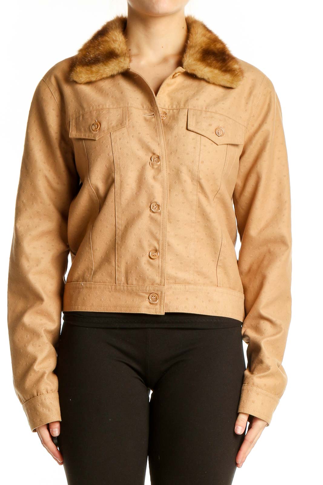 Camel Faux Fur Collar Polyester Jacket Front