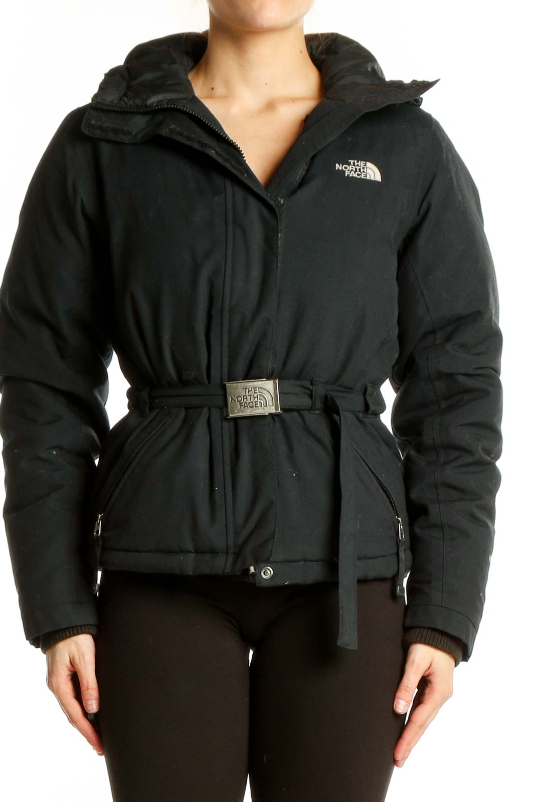 Black Belted Puffer Jacket Front