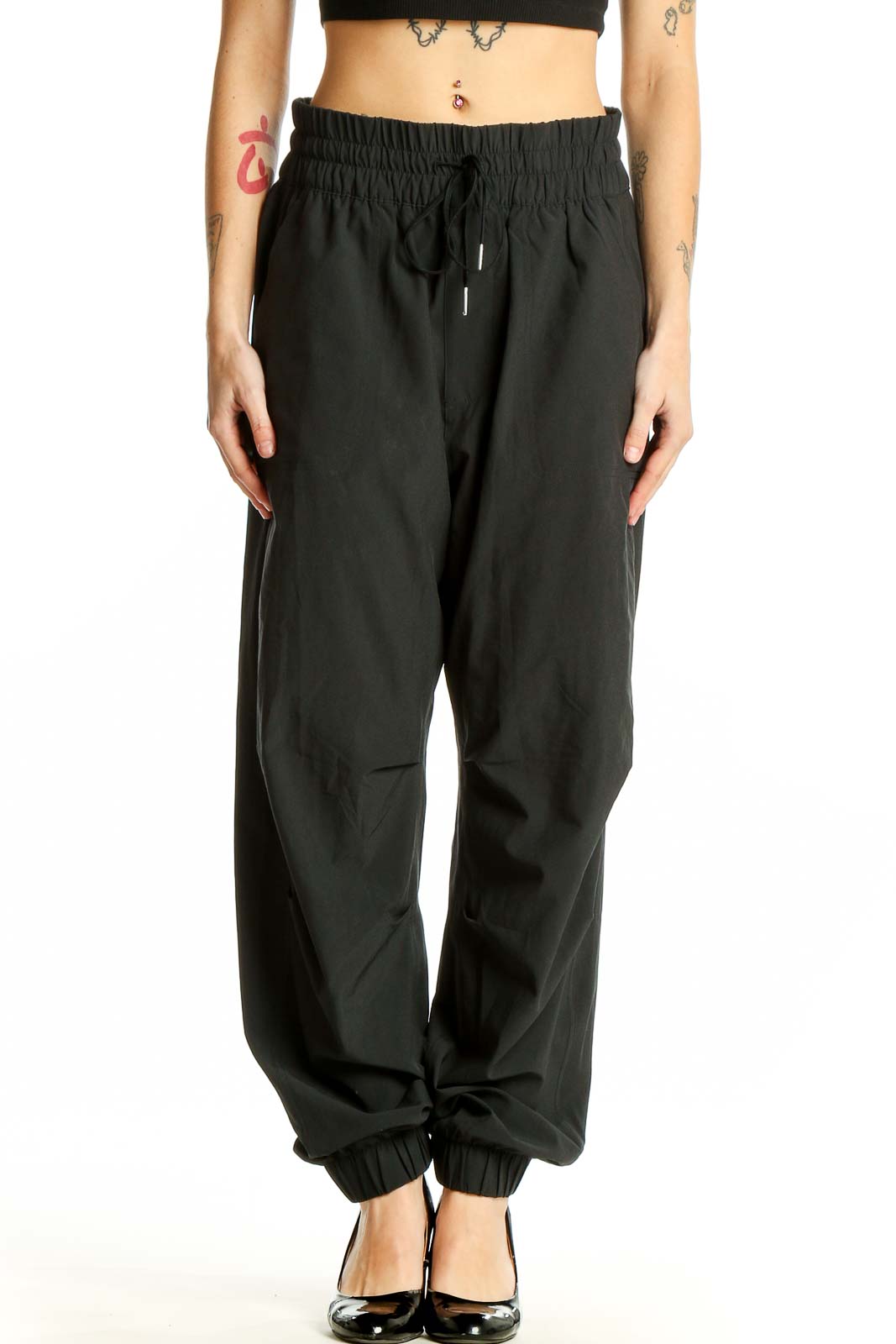Black Elastic Waist Jogger Pants Front