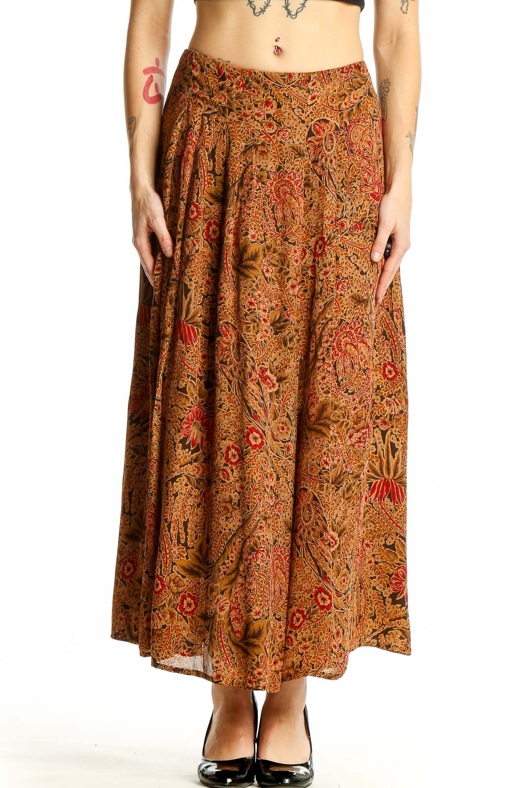 Orange Floral Paisley Maxi Skirt Front