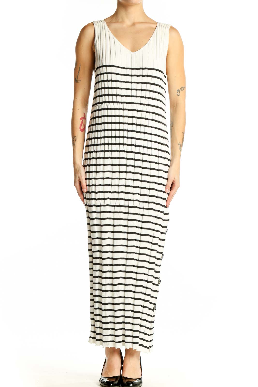 White and Black Striped Maxi Dress Front