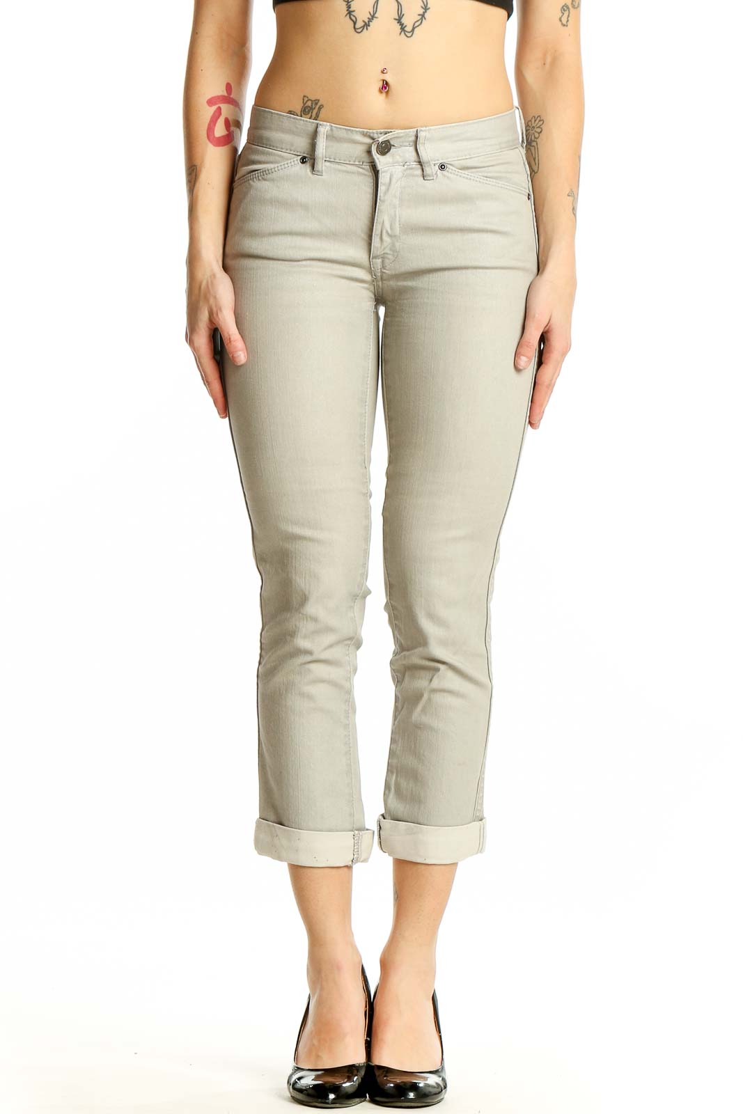 Beige Cotton-Blend Cropped Jeans Front
