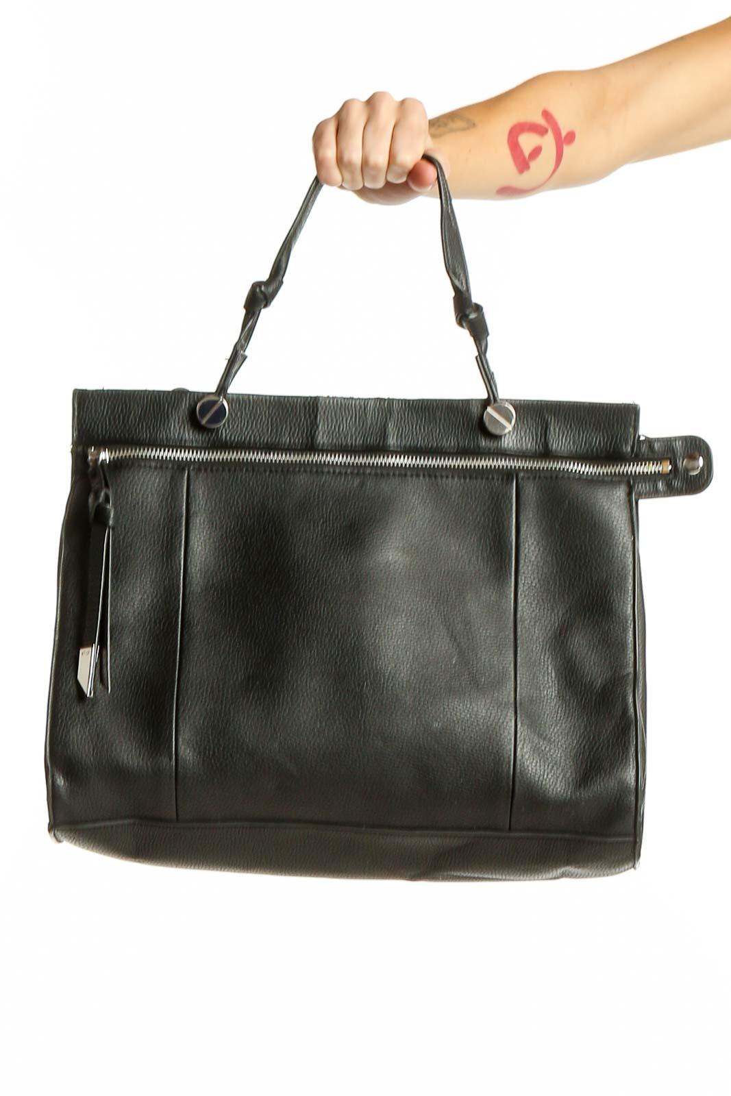 Black Leather Tote Bag with Zipper Detail Front
