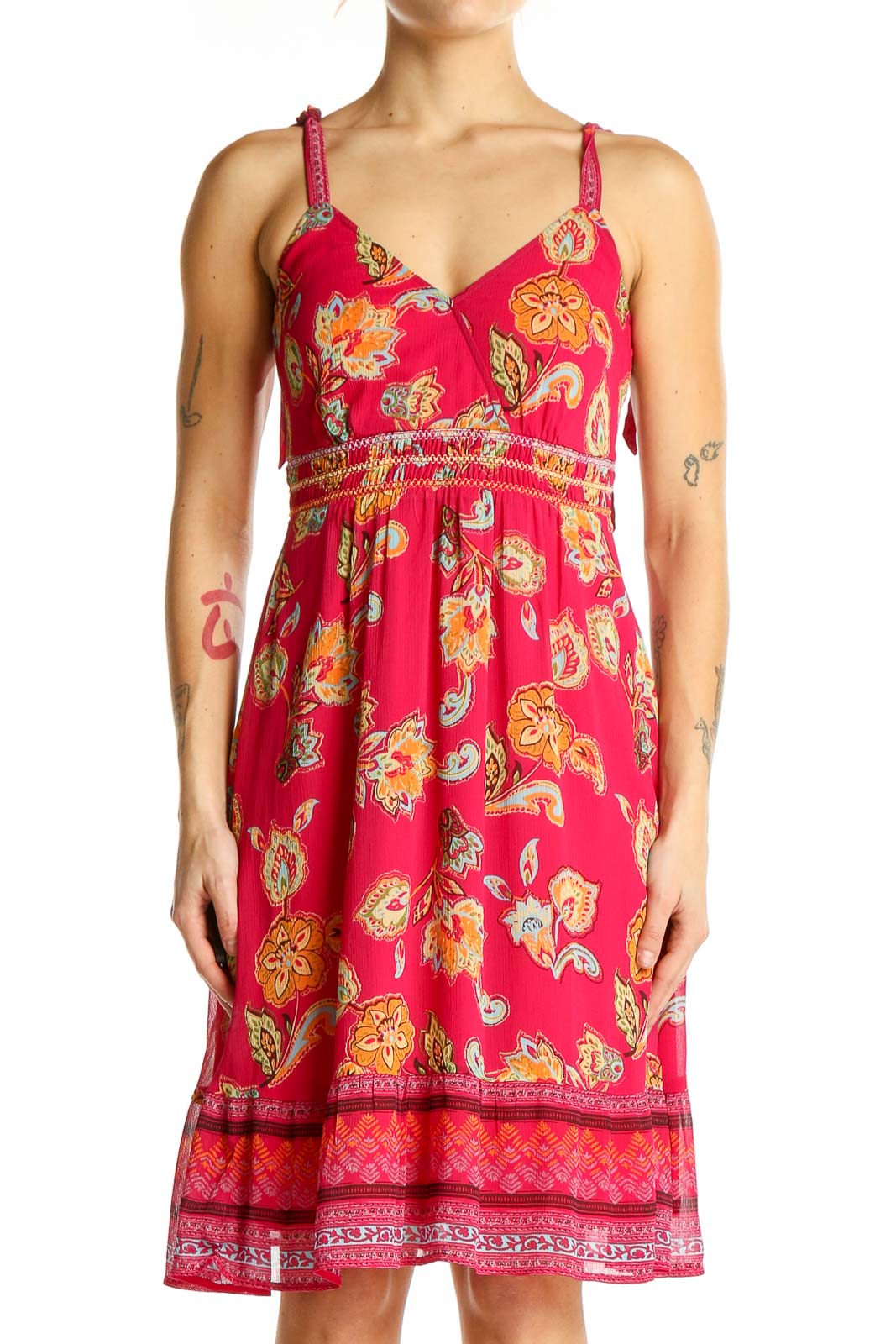 Pink Floral Empire Waist Sundress Front