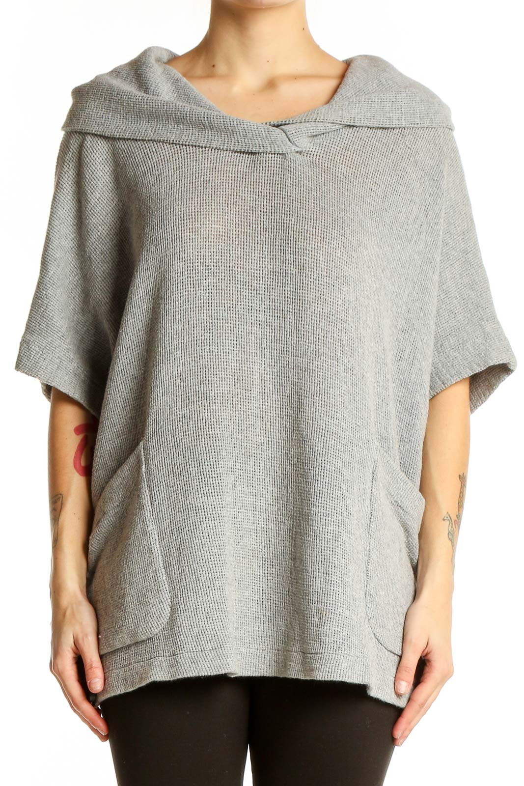 Gray Knit Cotton Blend Poncho Top Front