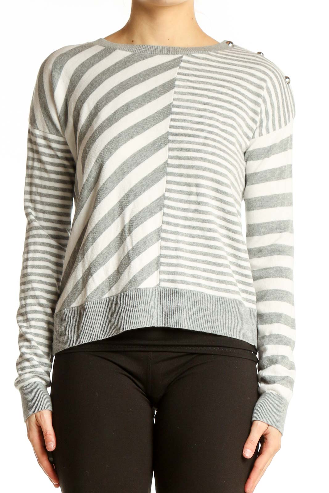 Gray and White Striped Knit Sweater Front