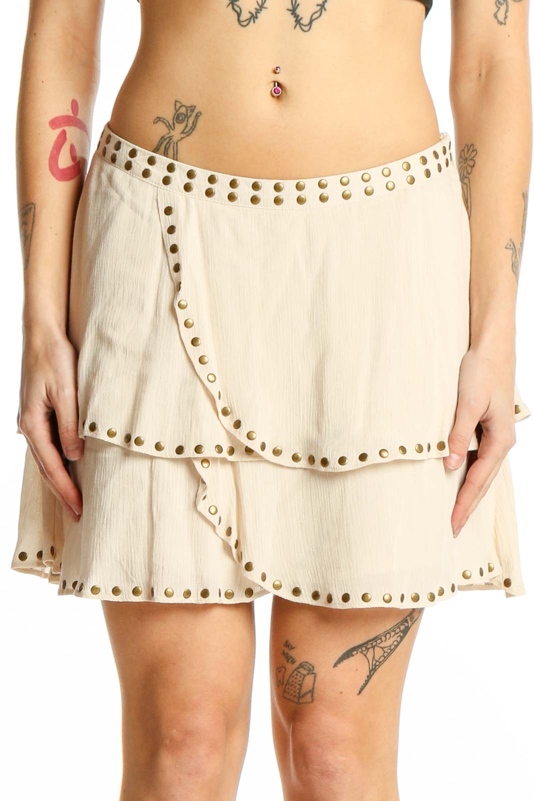 Cream Studded Tiered Mini Skirt Front