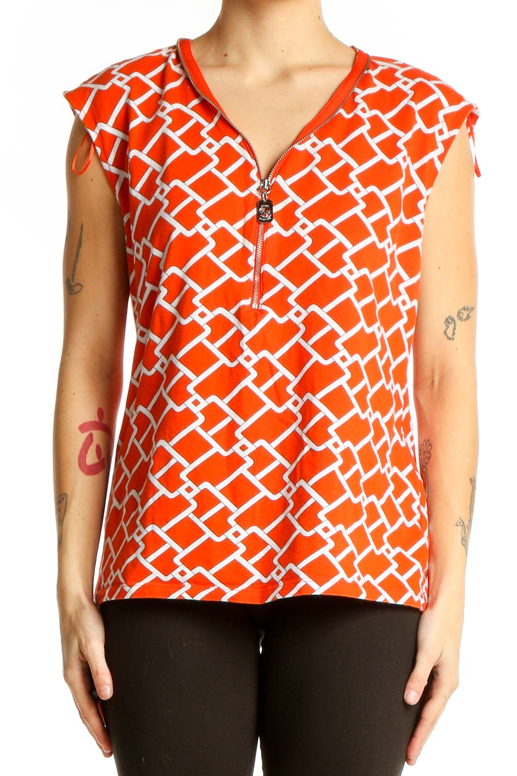 Orange Geometric Print Sleeveless Top Front