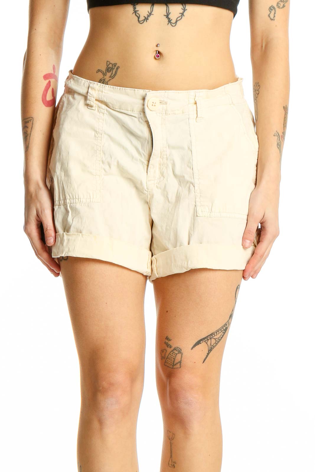 Cream Cotton-Blend Casual Shorts Front