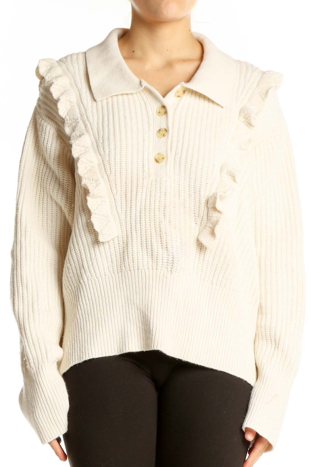 Cream Ribbed Ruffle Collar Sweater Front