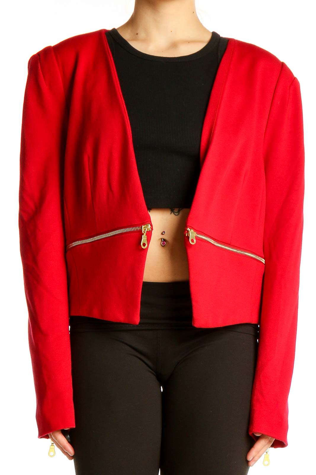 Red Cropped Zip-Detail Jacket Front