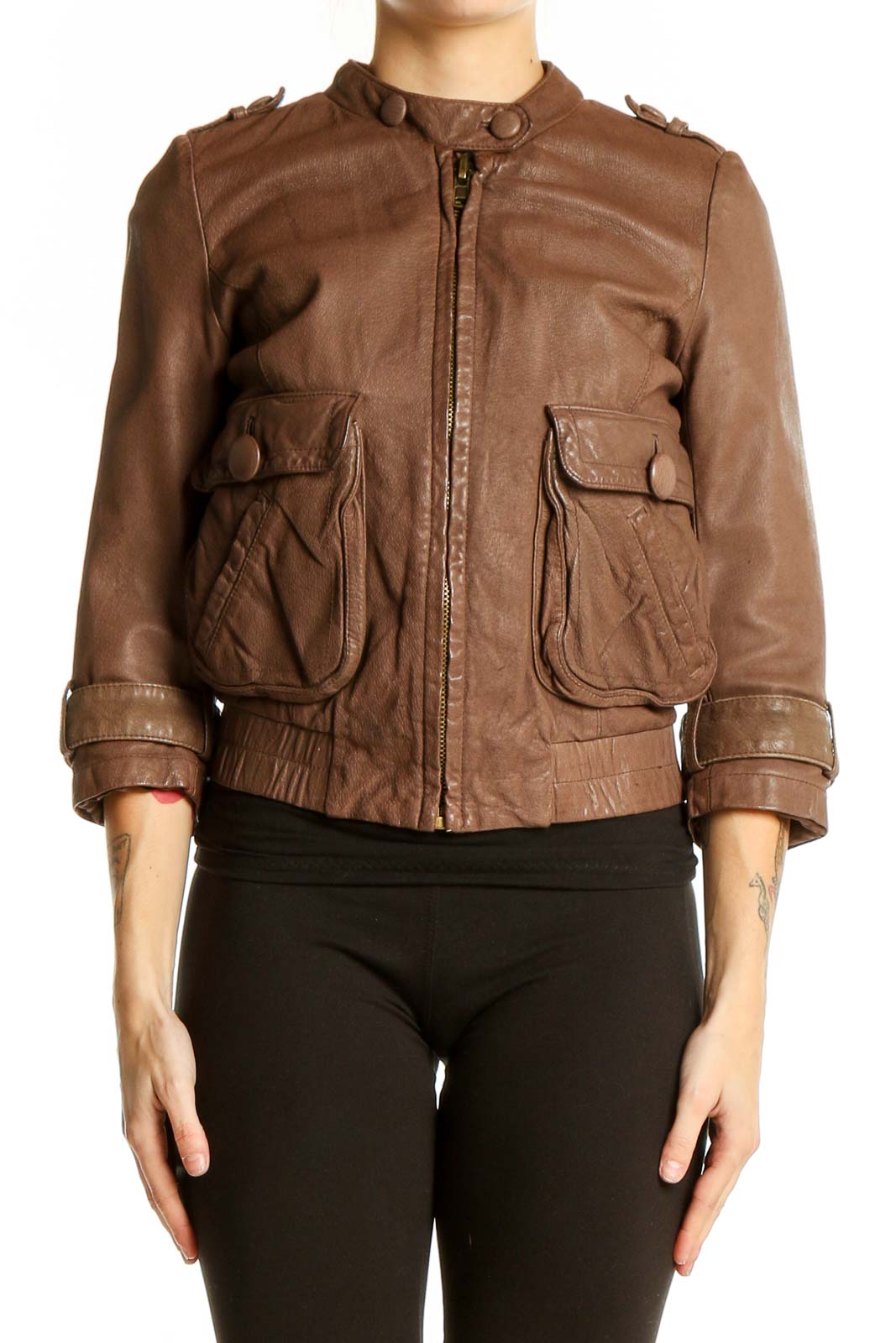 Brown Leather Cropped Moto Jacket Front