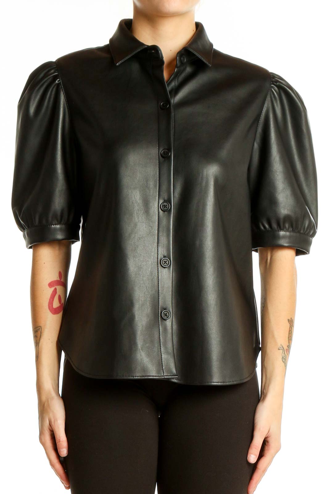 Black Faux Leather Puff Sleeve Button-Up Shirt Front