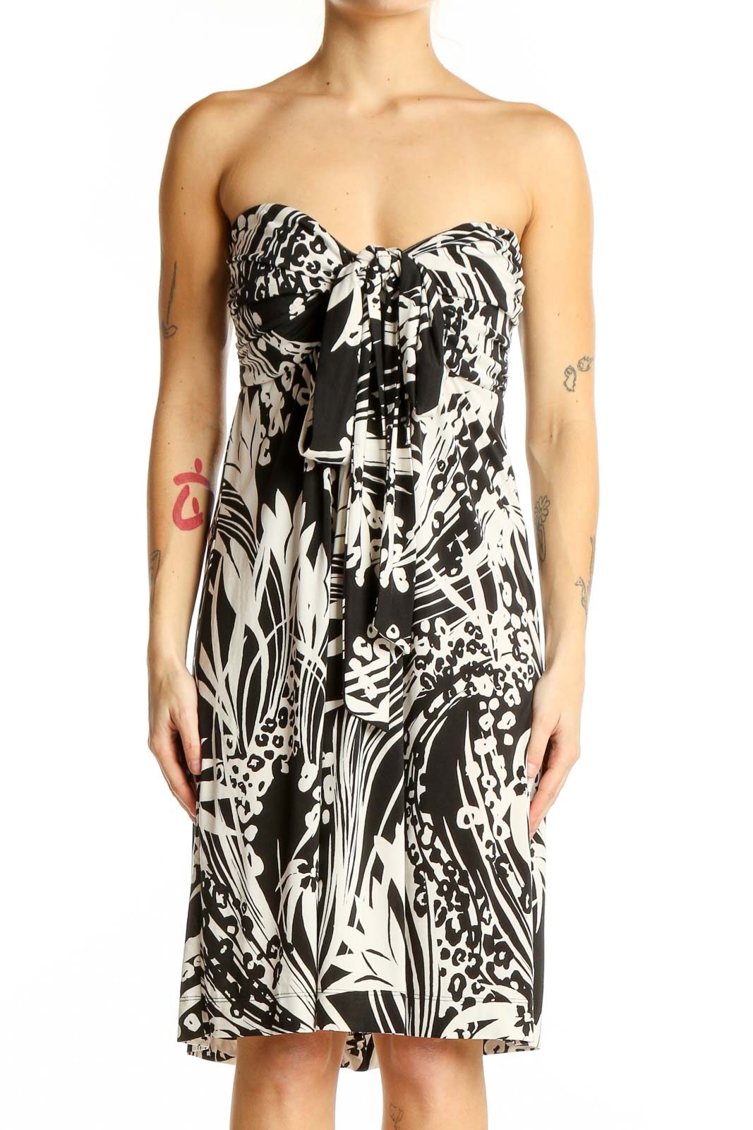 Black and White Floral Strapless Dress Front