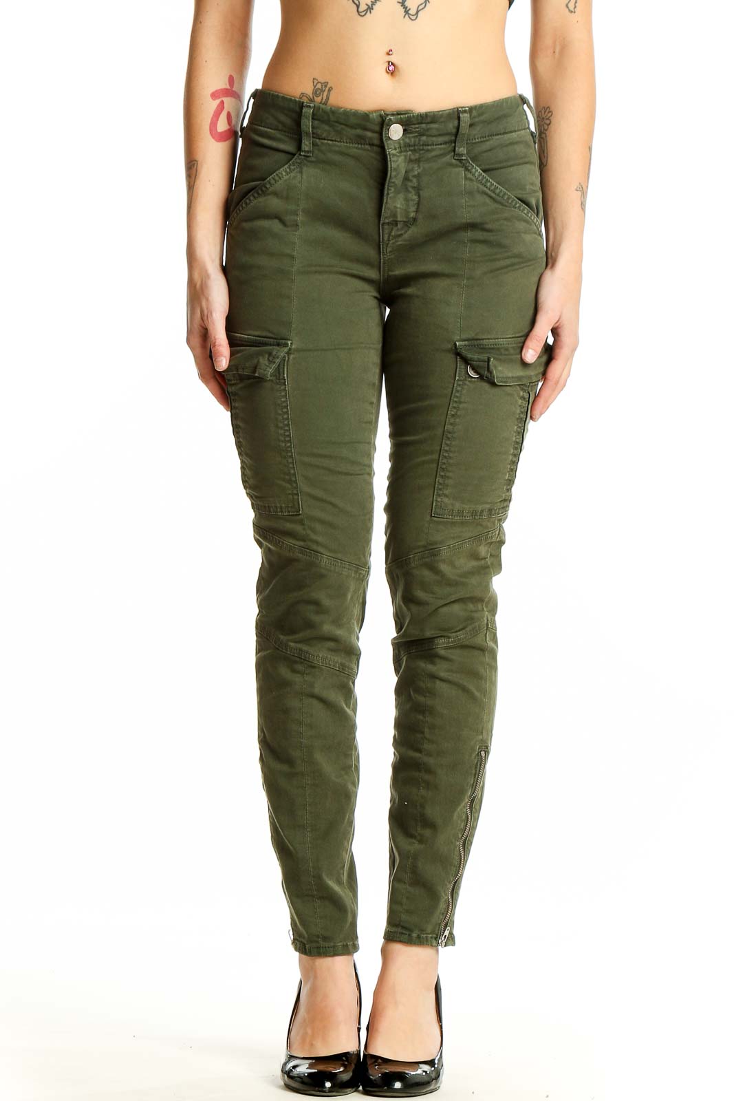 Olive Green Cargo Skinny Jeans Front