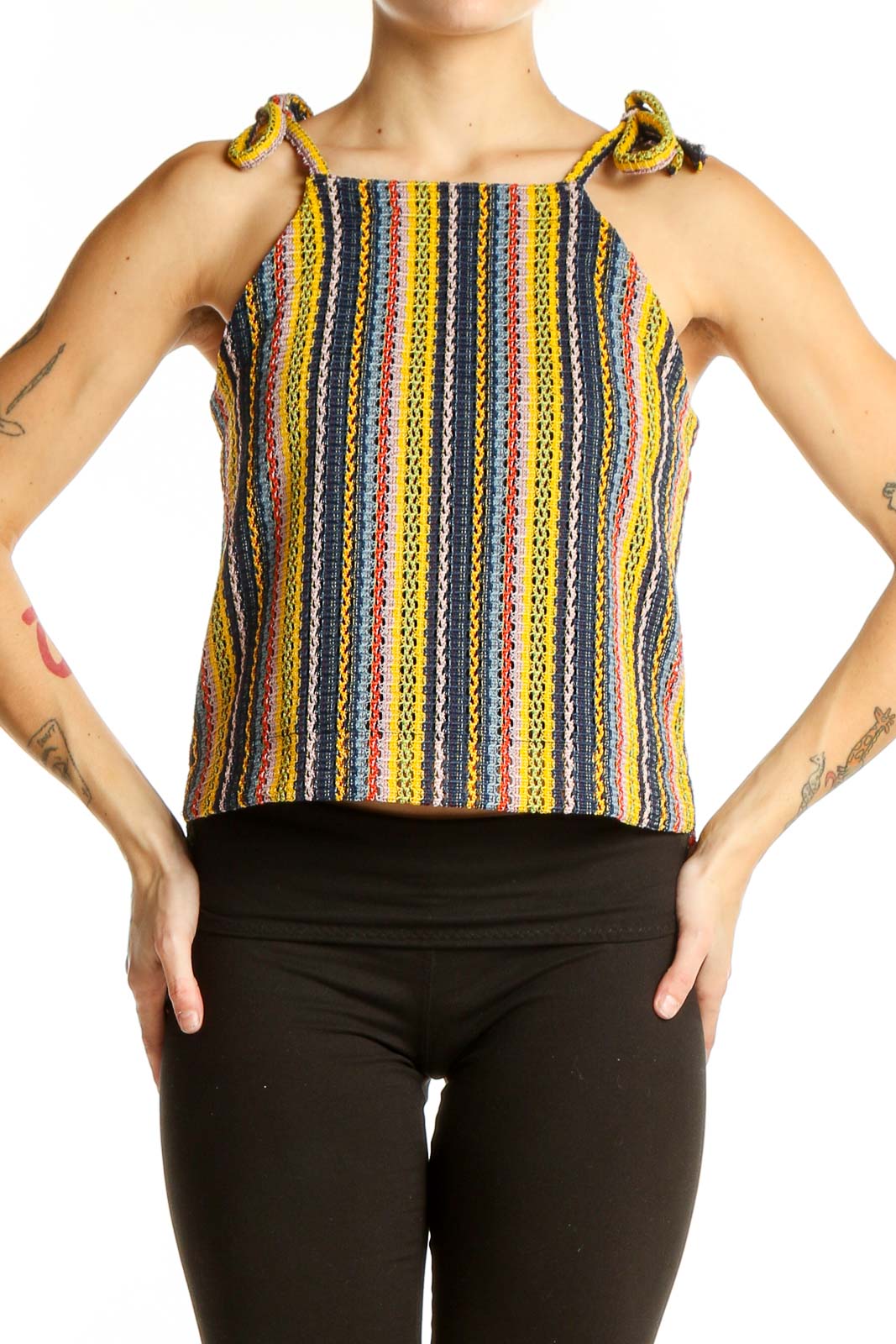 Multicolor Striped Tie-Shoulder Tank Top Front