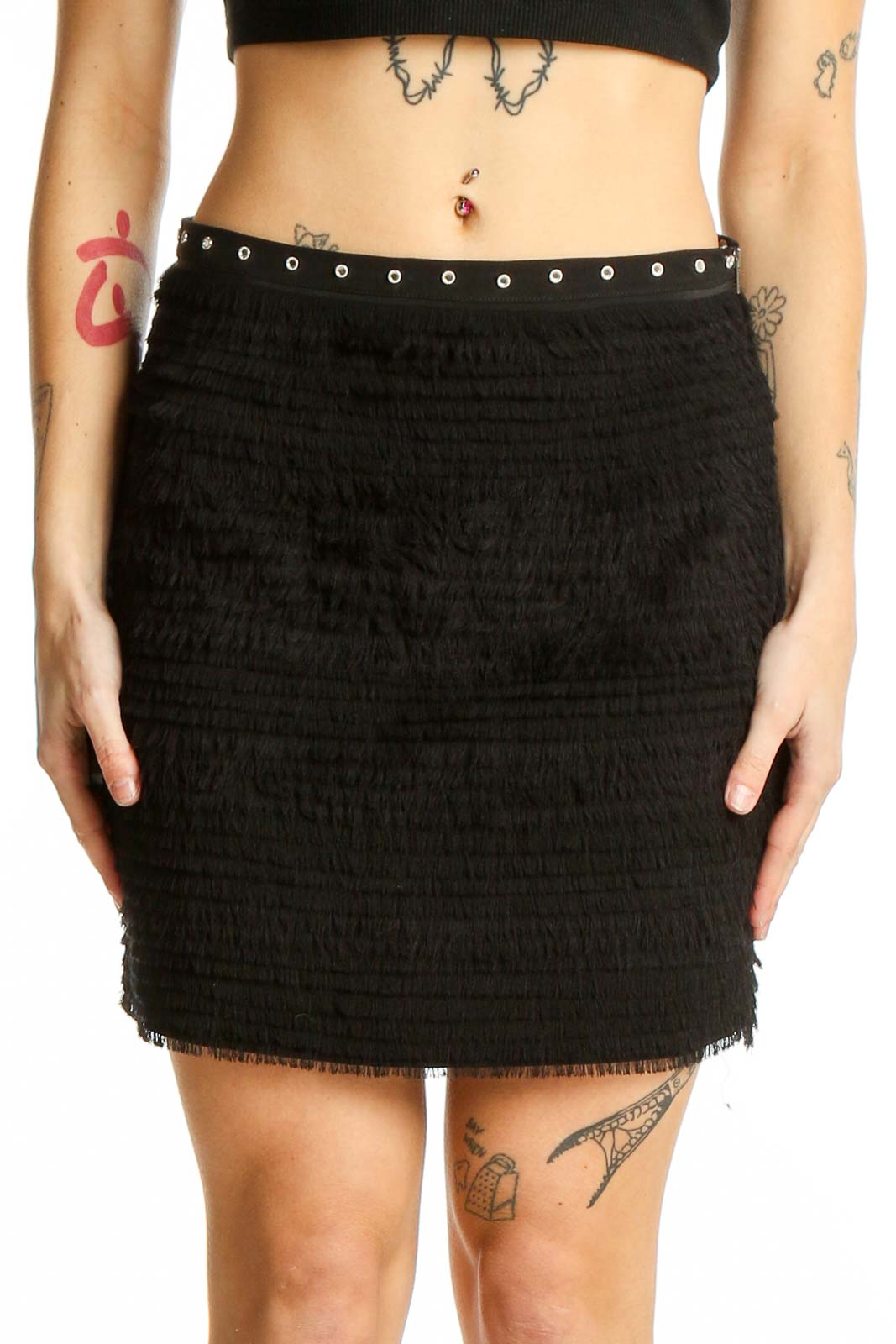 Black Textured Fringe Mini Skirt Front