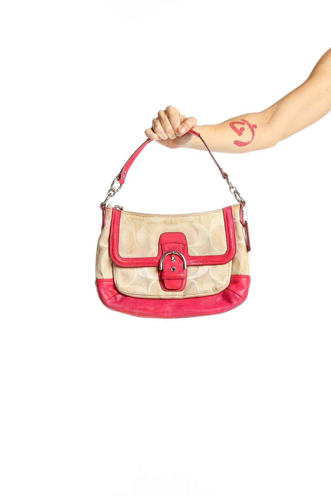Beige and Pink Signature Canvas Shoulder Bag Front