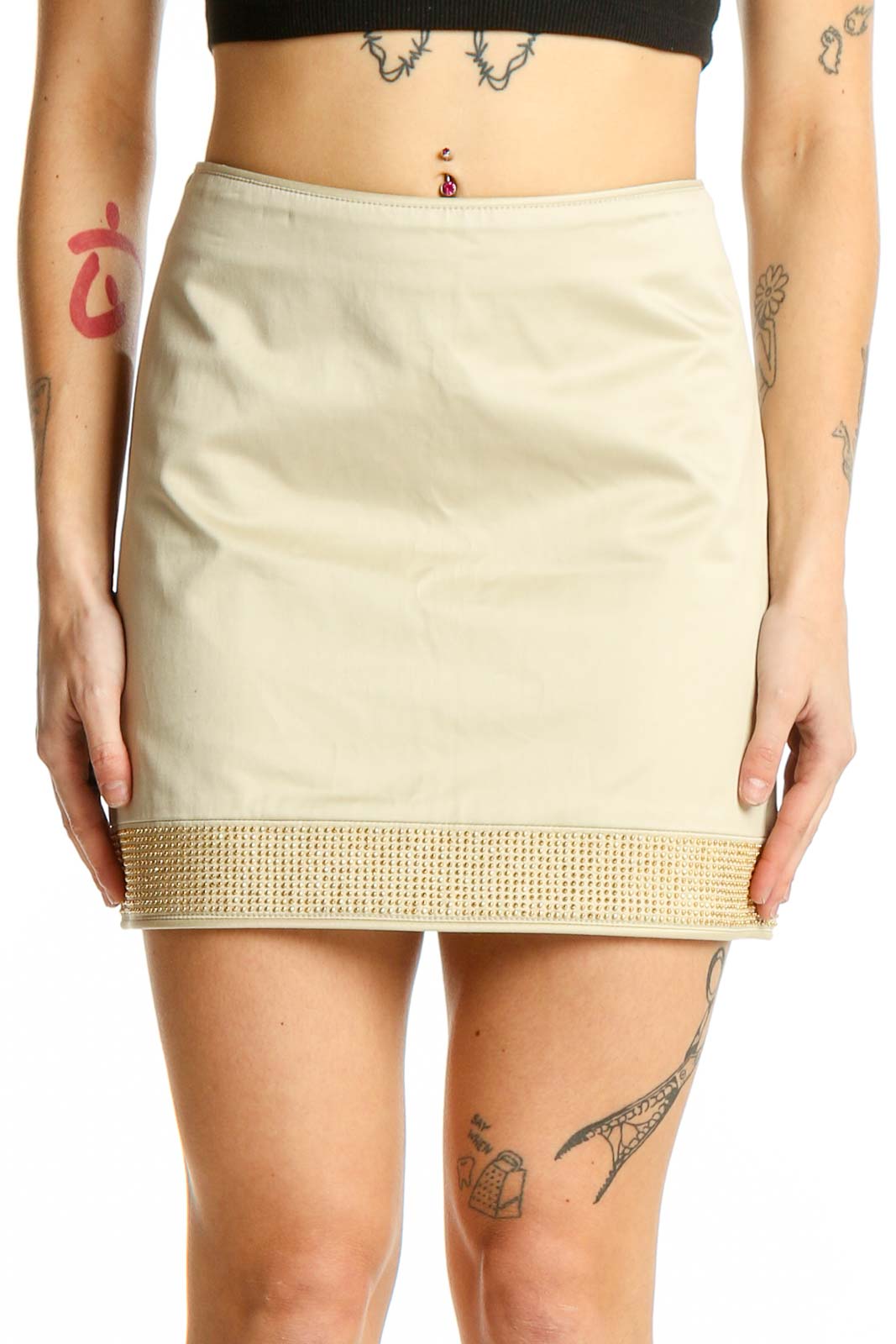 Beige Embellished Mini Skirt Front