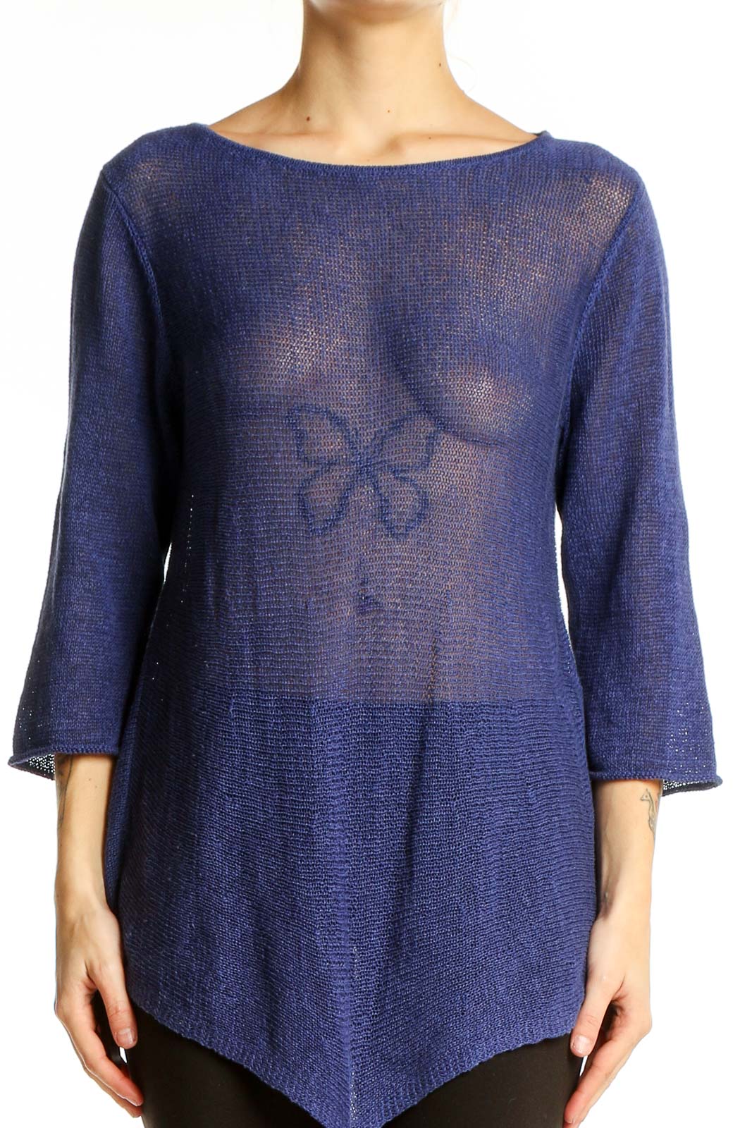 Navy Sheer Knit Asymmetrical Tunic Front