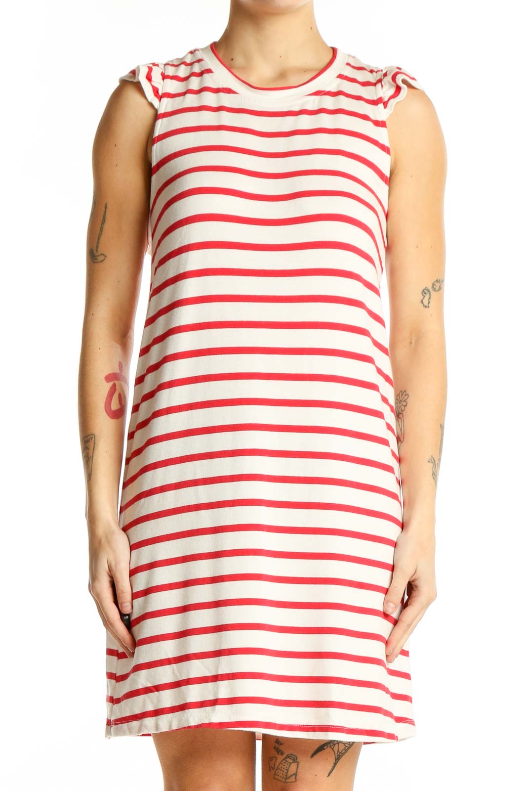 Red and White Striped Sleeveless Dress Front