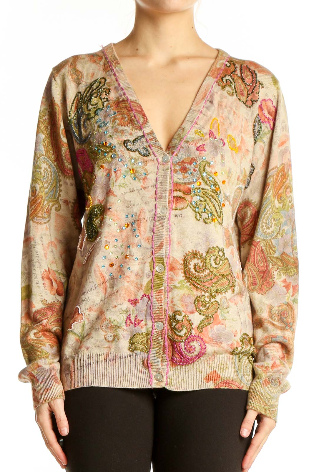 Beige Floral Paisley V-Neck Cardigan Sweater Front