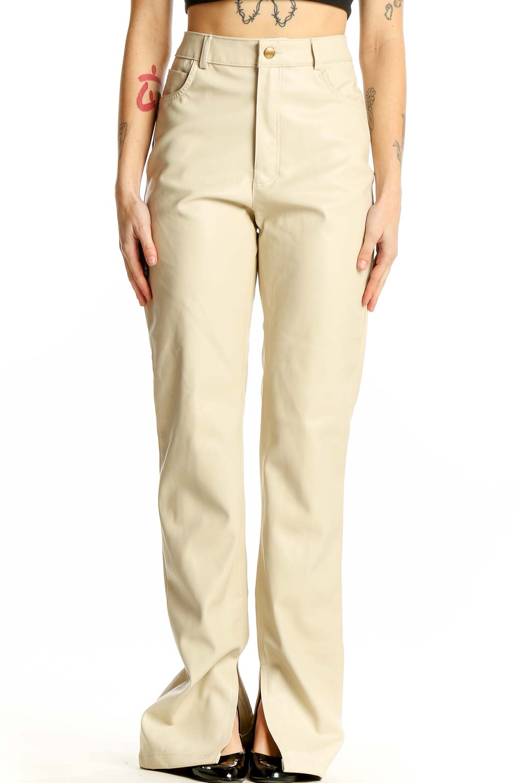 Beige High-Waisted Split-Hem Trousers Front