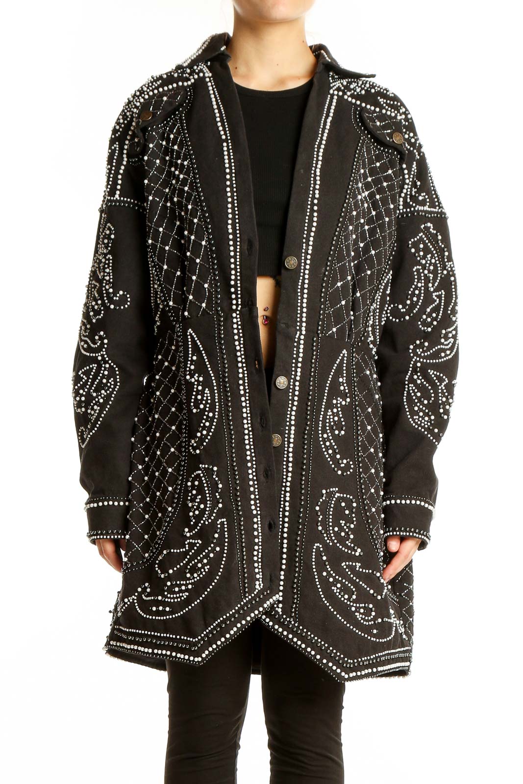 Black Embellished Oversized Jacket Front