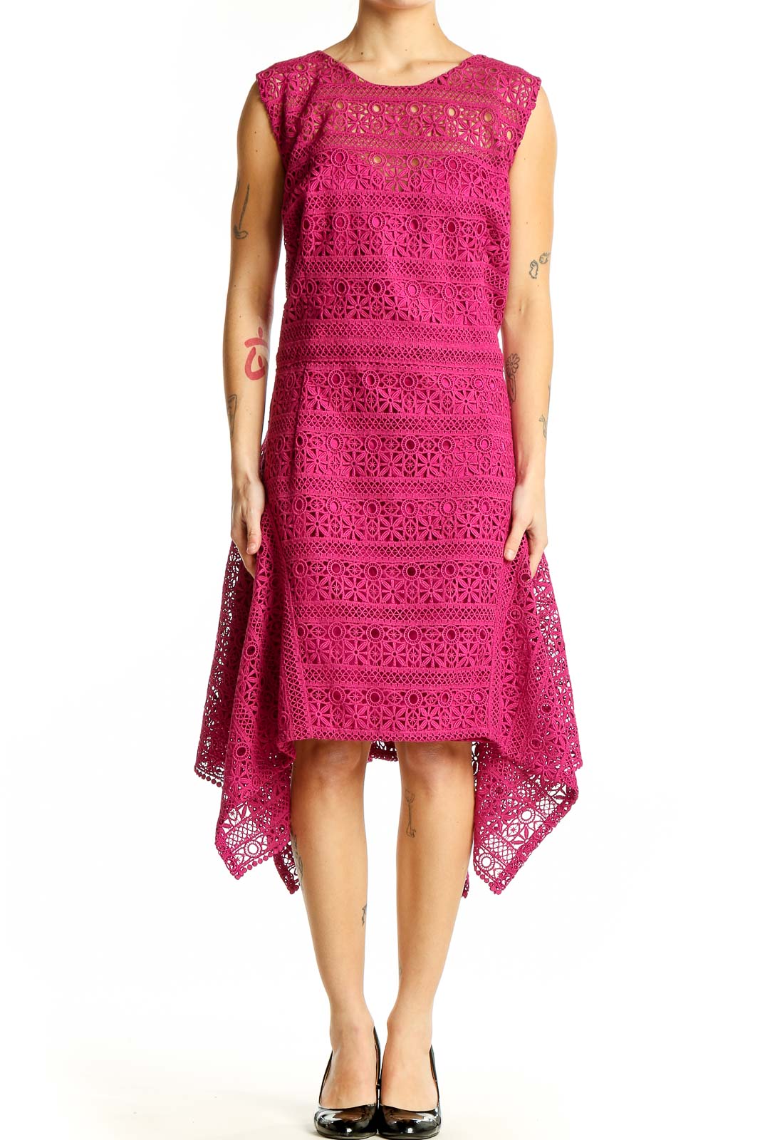 Fuchsia Lace Handkerchief Hem Dress Front