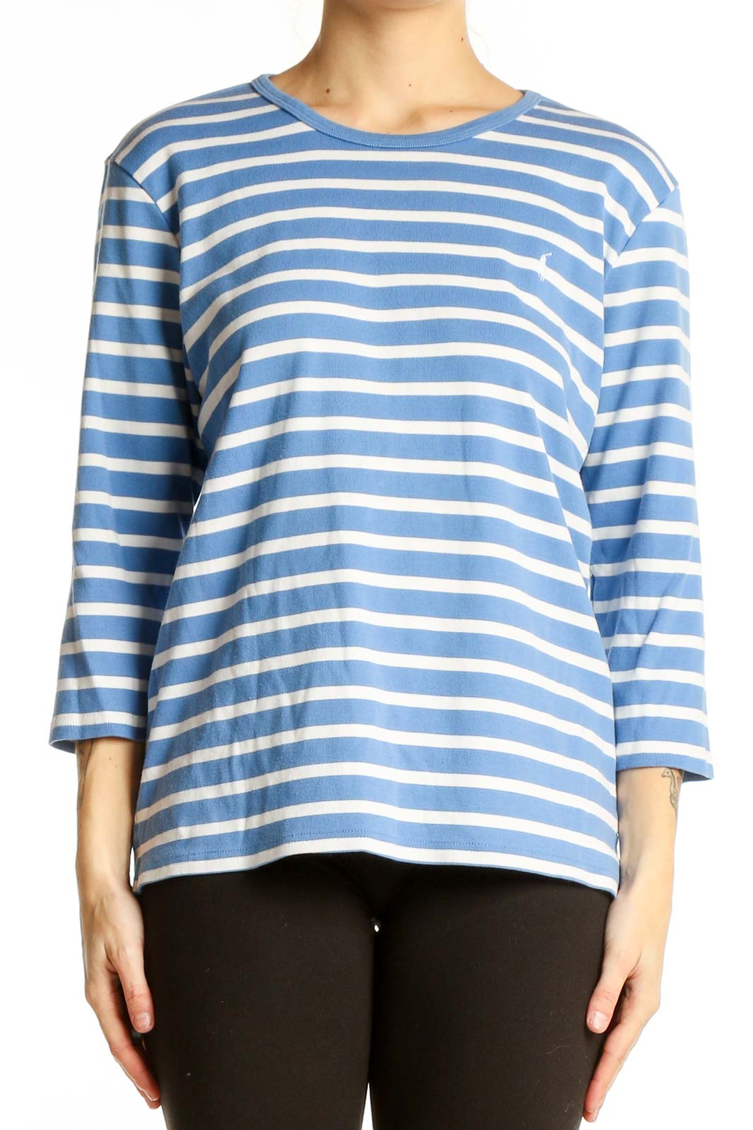 Blue and White Striped Cotton Top Front
