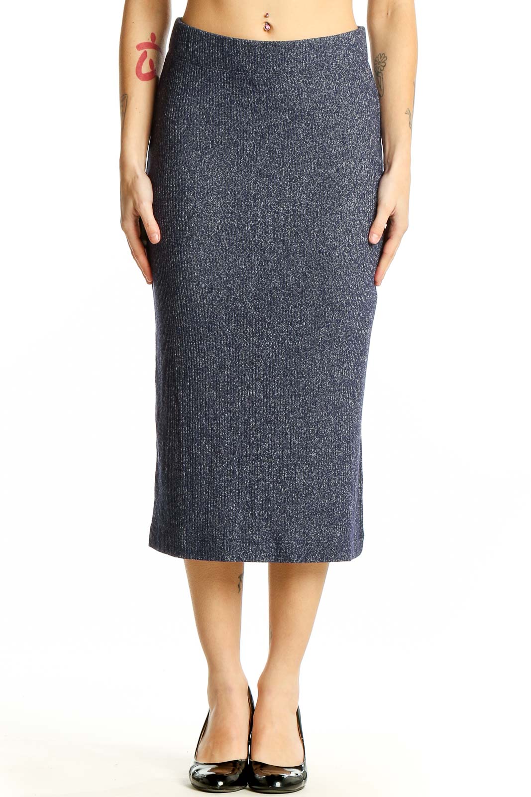 Navy Ribbed Midi Pencil Skirt Front