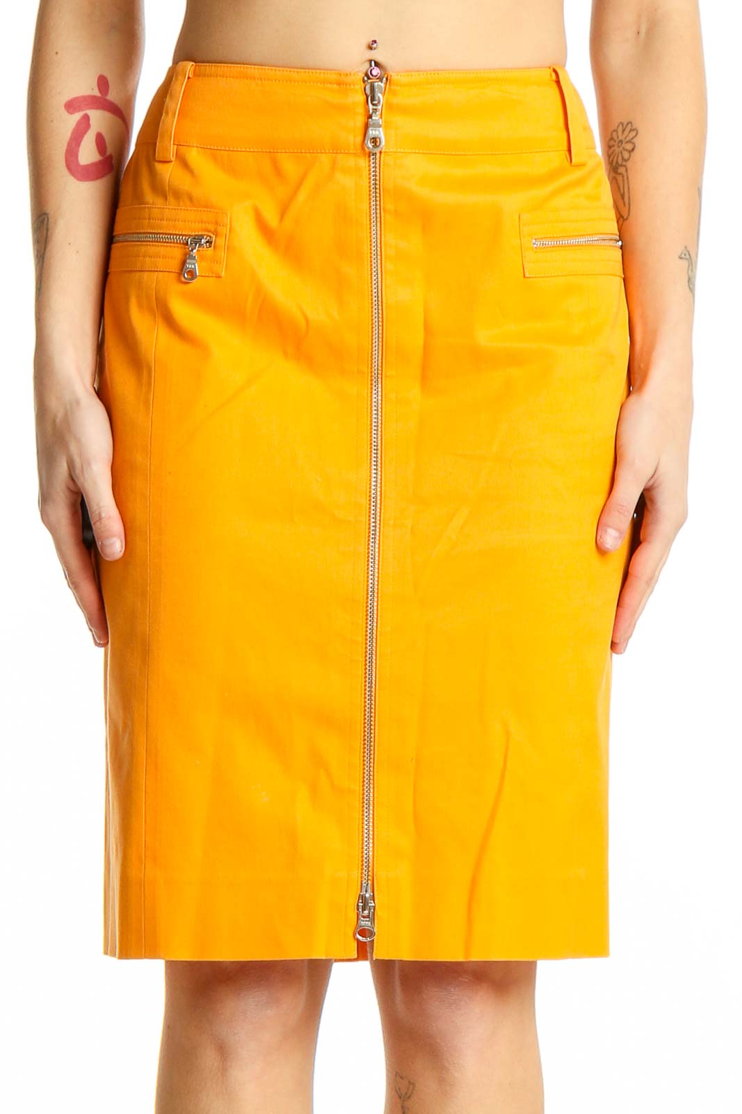 Yellow Cotton Blend Pencil Skirt Front