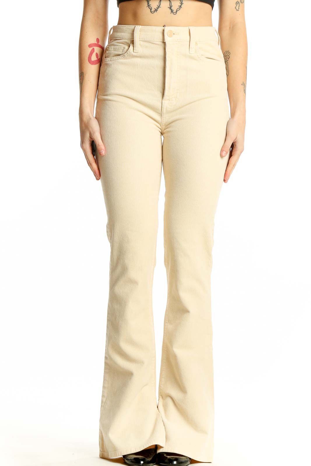 Cream High-Waisted Flared Pants Front