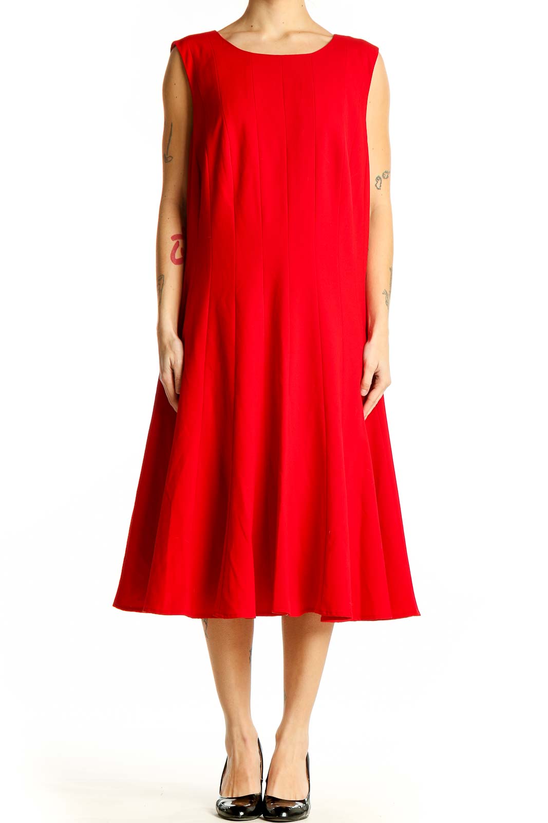 Red Sleeveless A-Line Midi Dress Front
