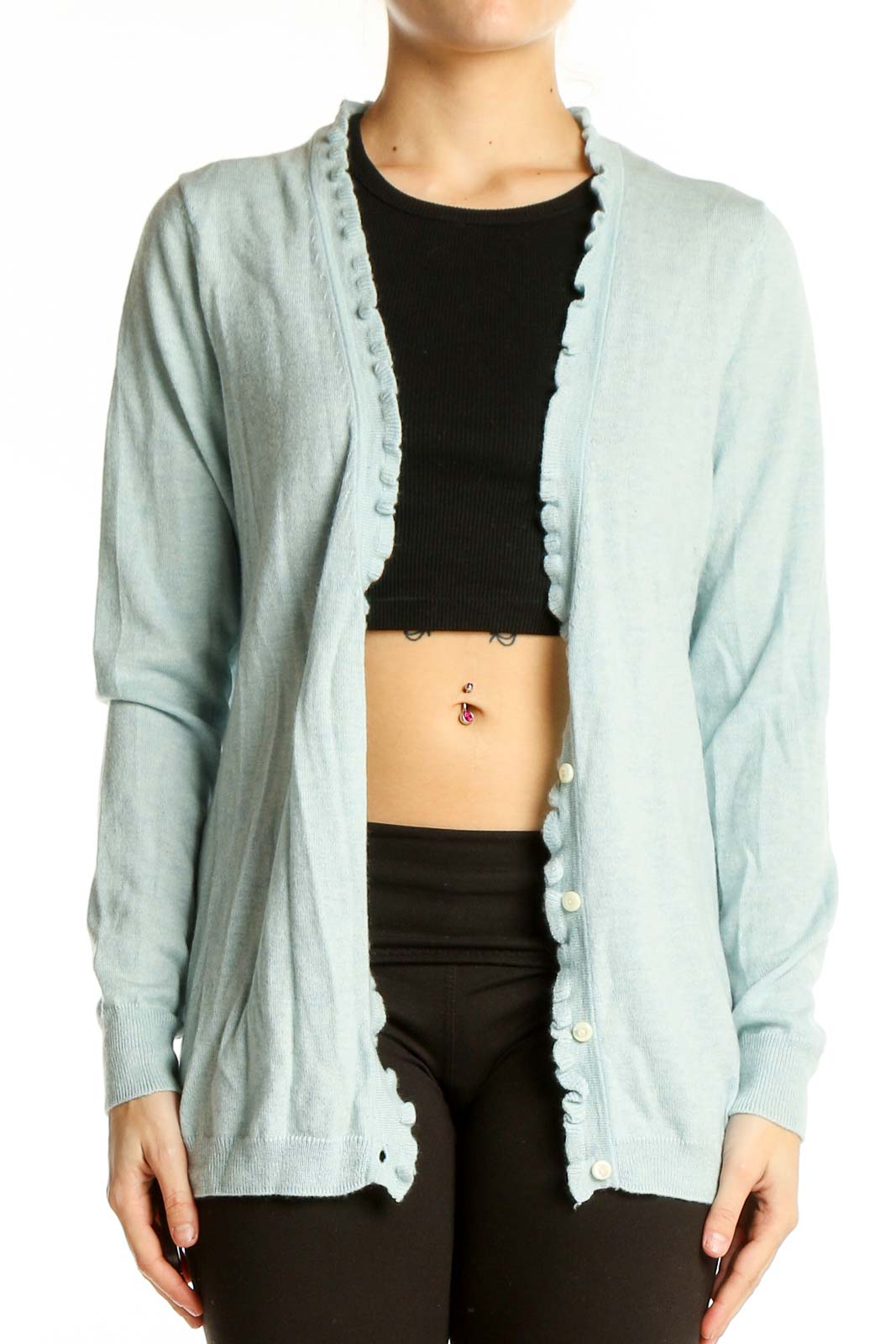 Light Blue Cashmere Button-Up Cardigan Front