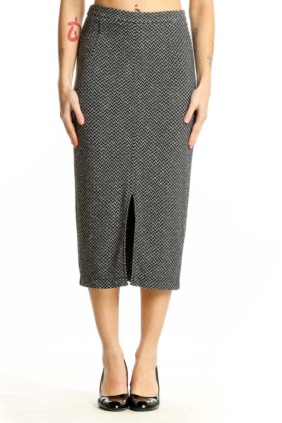 Black and White Herringbone Midi Skirt Front