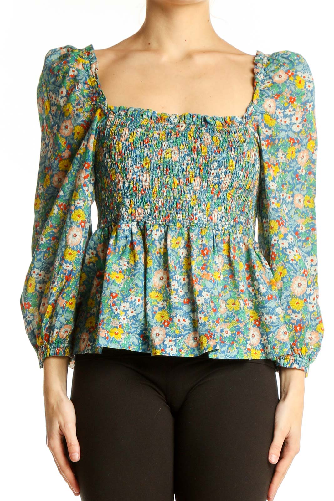 Floral Cotton Smocked Peplum Top Front