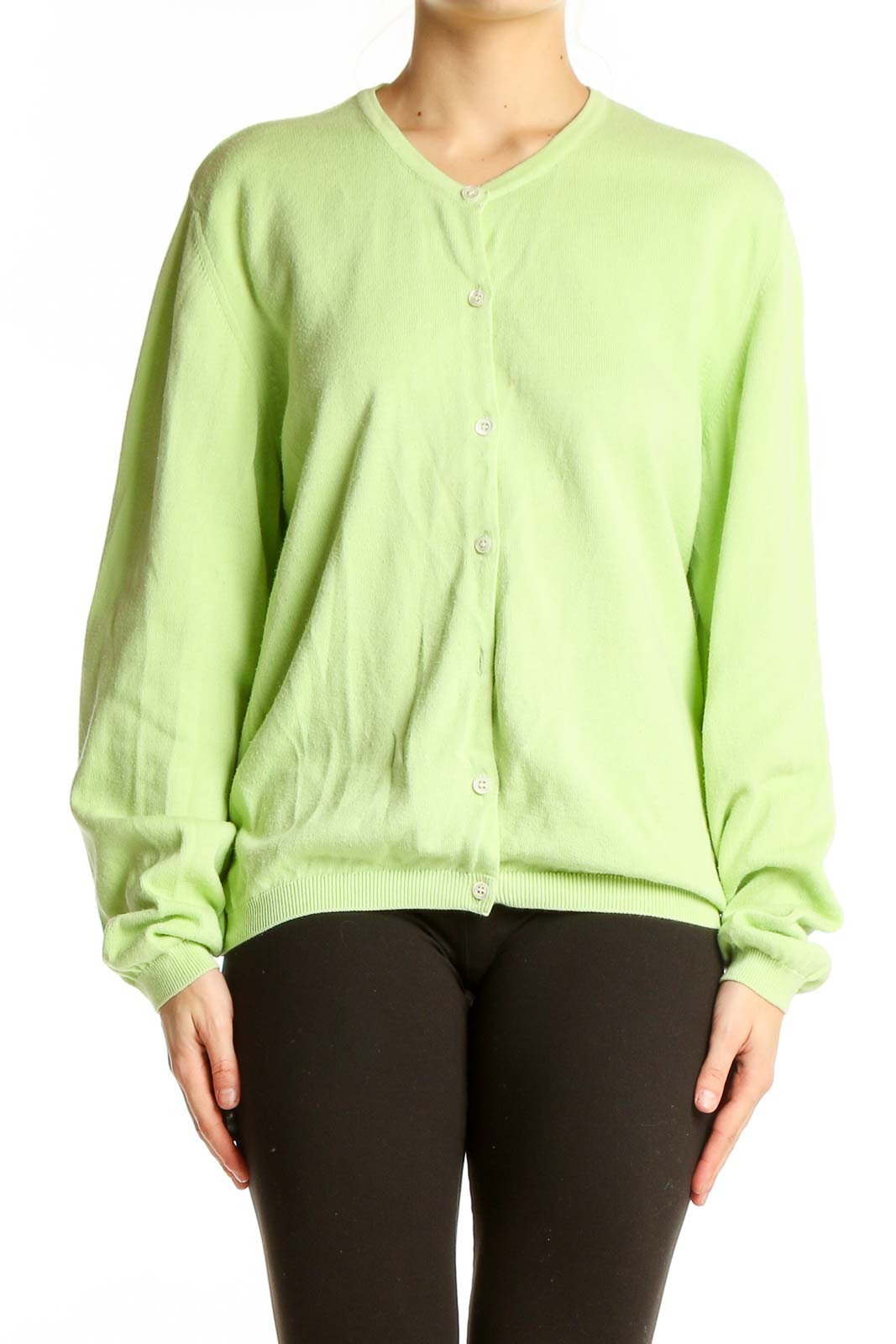 Lime Green Cotton Button-Up Cardigan Front