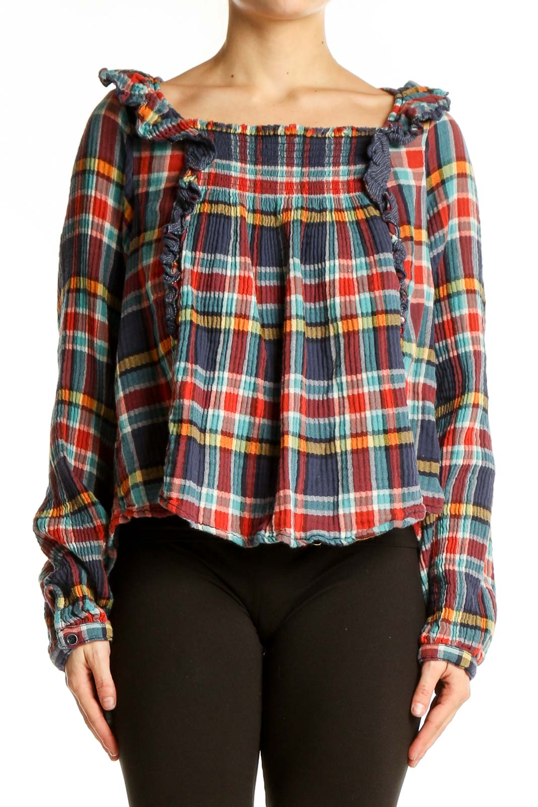 Multicolor Plaid Off-Shoulder Crop Top Front