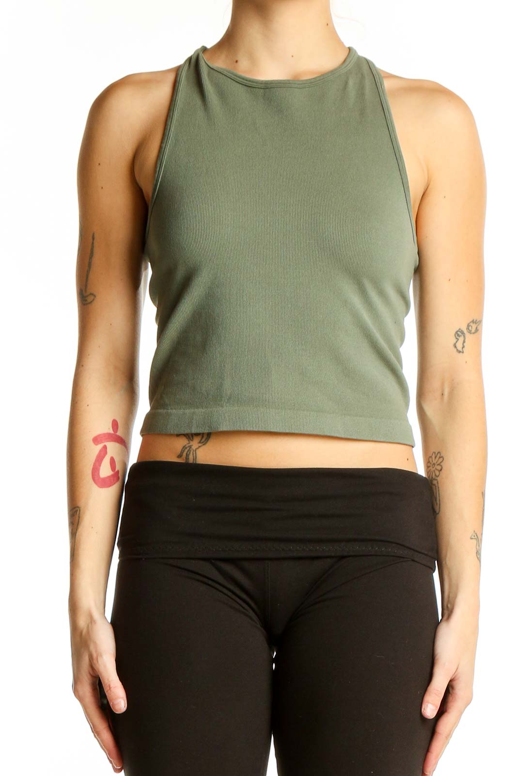 Olive Green Cropped Tank Top Front