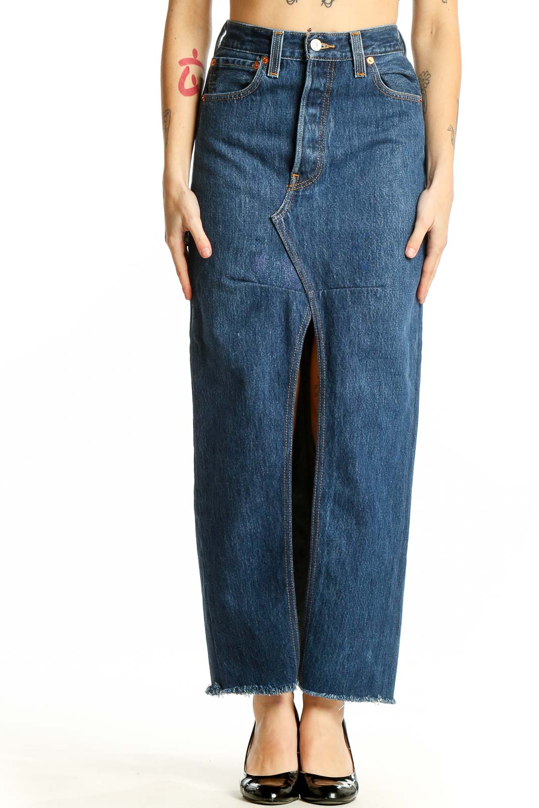 Blue Denim High-Waist Maxi Skirt Front