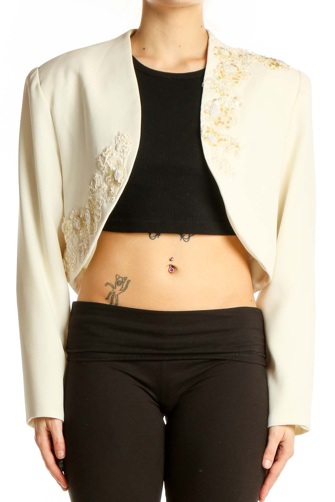 Cream Embellished Cropped Bolero Jacket Front