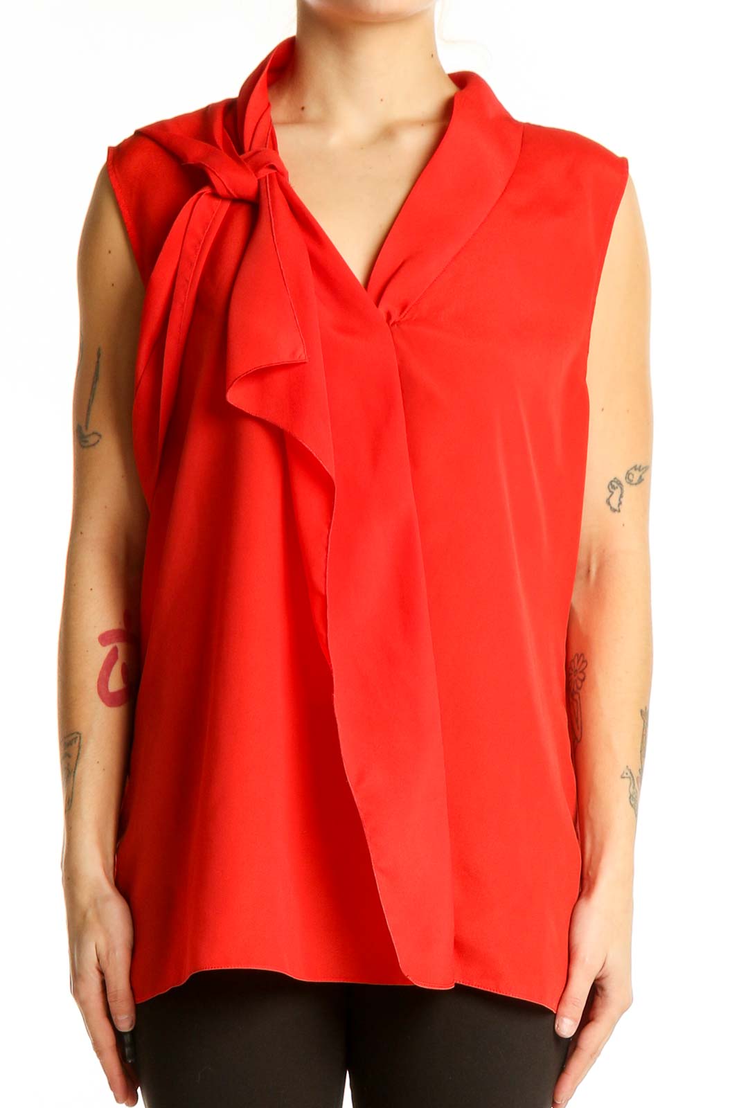 Red Sleeveless Tie-Neck Blouse Front