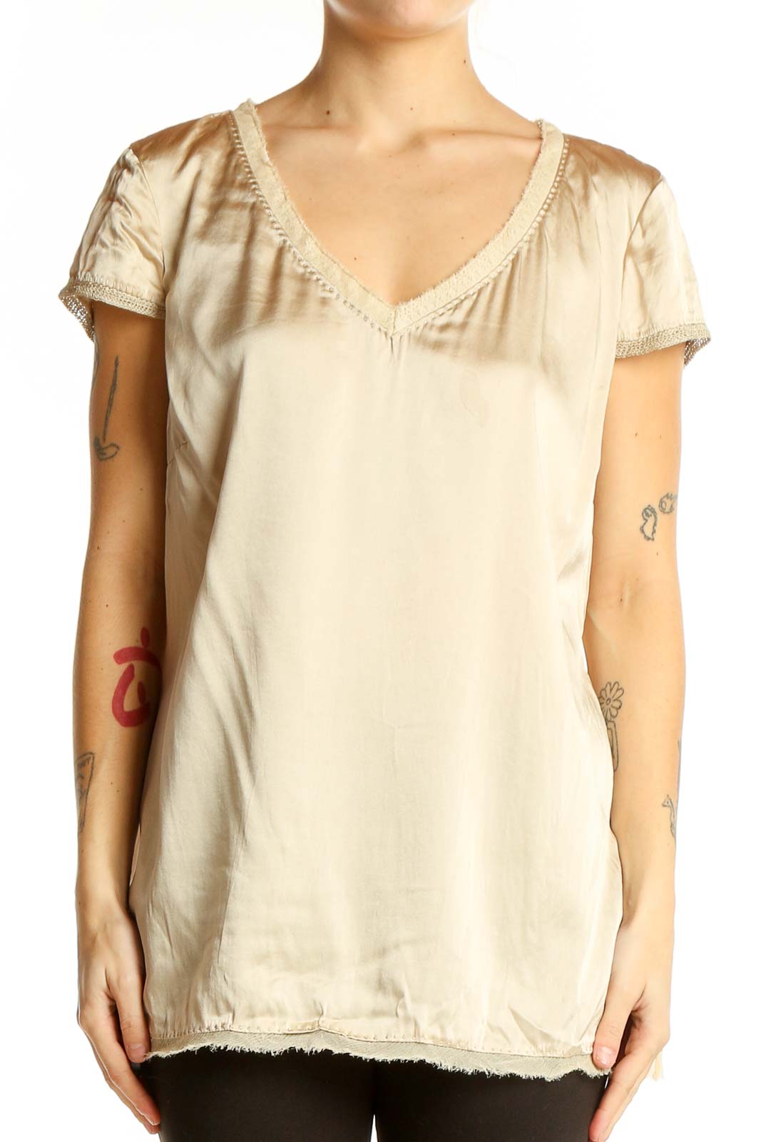 Beige Silk Blend V-Neck Top Front
