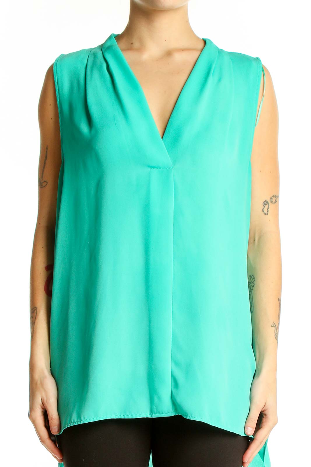 Teal Sleeveless V-Neck Flowy Blouse Front