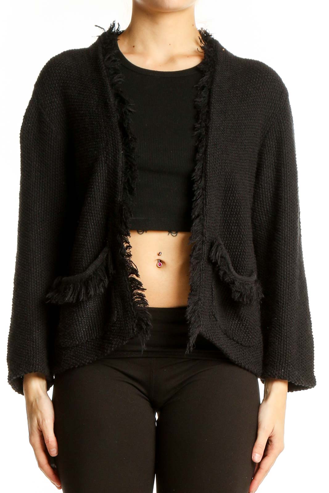 Black Frayed Edge Open Front Cardigan Front