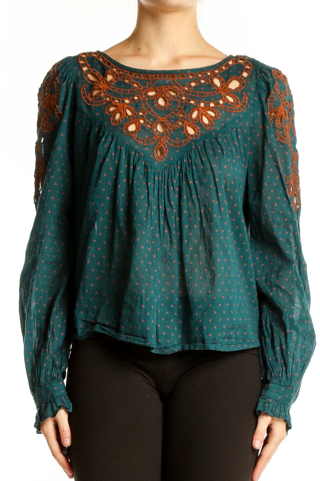 Teal Embroidered Boho Peasant Top Front