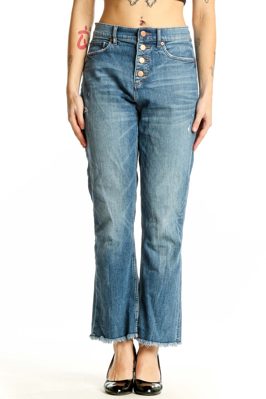 Blue Button-Fly Cropped Flare Jeans Front